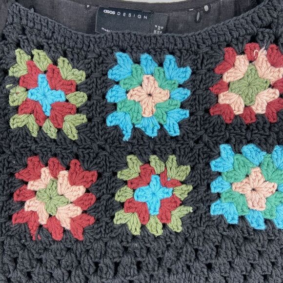 NWT Asos Black Mini Dress Granny Square Crochet Bodice Puff Sleeve Womens 0‎ - Picture 3 of 11